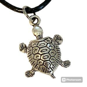 Sea Turtle Necklace Silver Tone Nautical Island Beach Black Cord 17-18" Surfer